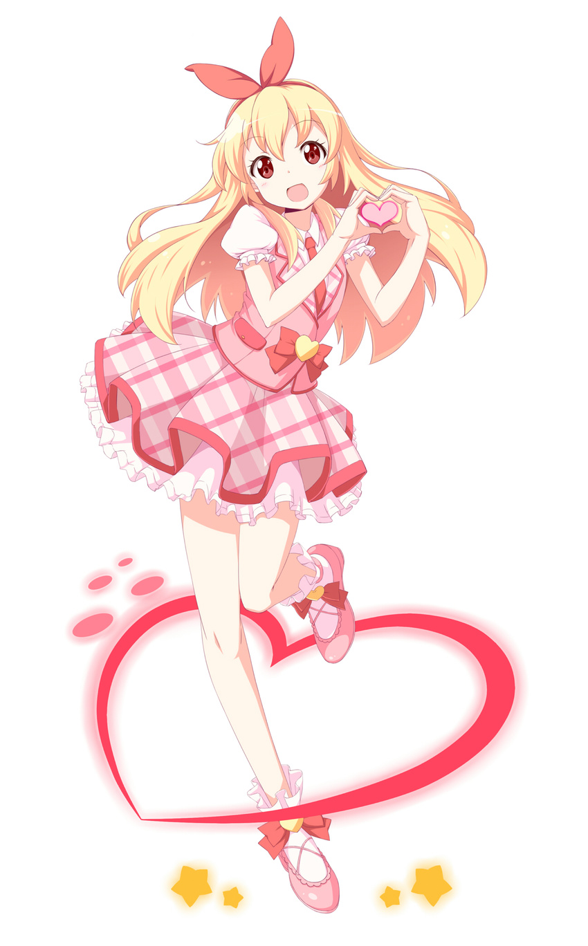 :d aikatsu! aikatsu!_(series) blonde_hair chomo_(asymmate) hair_ribbon heart heart_hands highres hoshimiya_ichigo long_hair looking_at_viewer open_mouth red_eyes ribbon skirt smile solo star