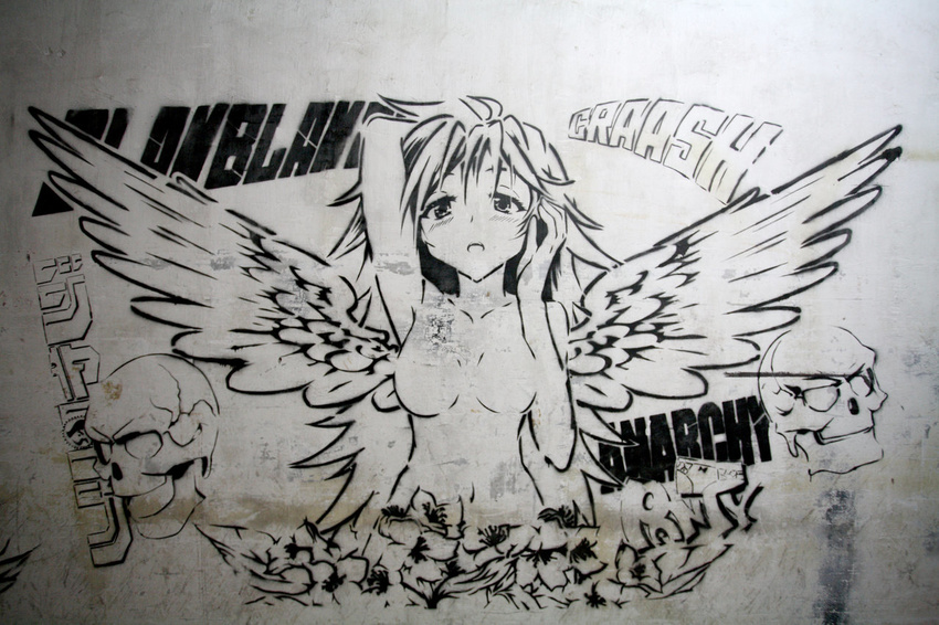 1girl blush breasts english graffiti monochrome mural navel no_nipples nude open_mouth panties panty_&amp;_stocking_with_garterbelt panty_(psg) photo skull solo torogao traditional_media underwear wings yo-chaosangel