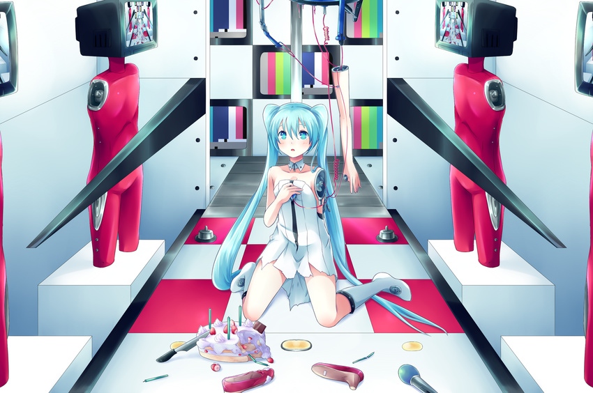 amputee aqua_eyes aqua_hair bad_id bad_pixiv_id boots cake candle checkered checkered_floor collar food hand_on_own_chest hatsune_miku highres knife long_hair monitor sakakidani shoes sitting solo twintails very_long_hair vocaloid wariza