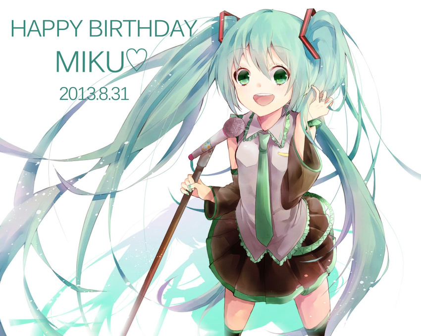 2013 character_name dated detached_sleeves green_eyes green_hair happy_birthday hatsune_miku highres long_hair microphone microphone_stand necktie omui open_mouth skirt solo thighhighs twintails very_long_hair vocaloid