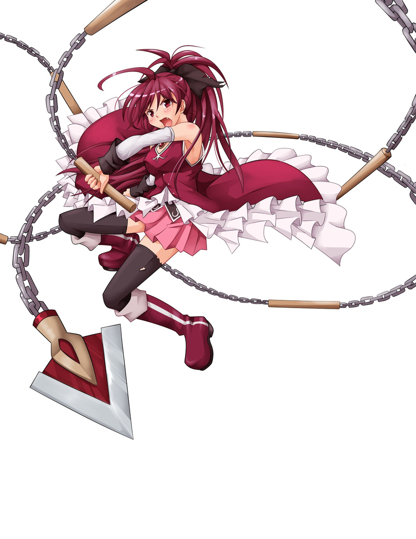 absurdres alest_lusia antenna_hair armpits black_legwear boots bow chain detached_sleeves dress full_body hair_bow highres magical_girl mahou_shoujo_madoka_magica open_mouth polearm ponytail red_dress red_eyes red_hair sakura_kyouko solo soul_gem spear thighhighs torn_clothes weapon white_background