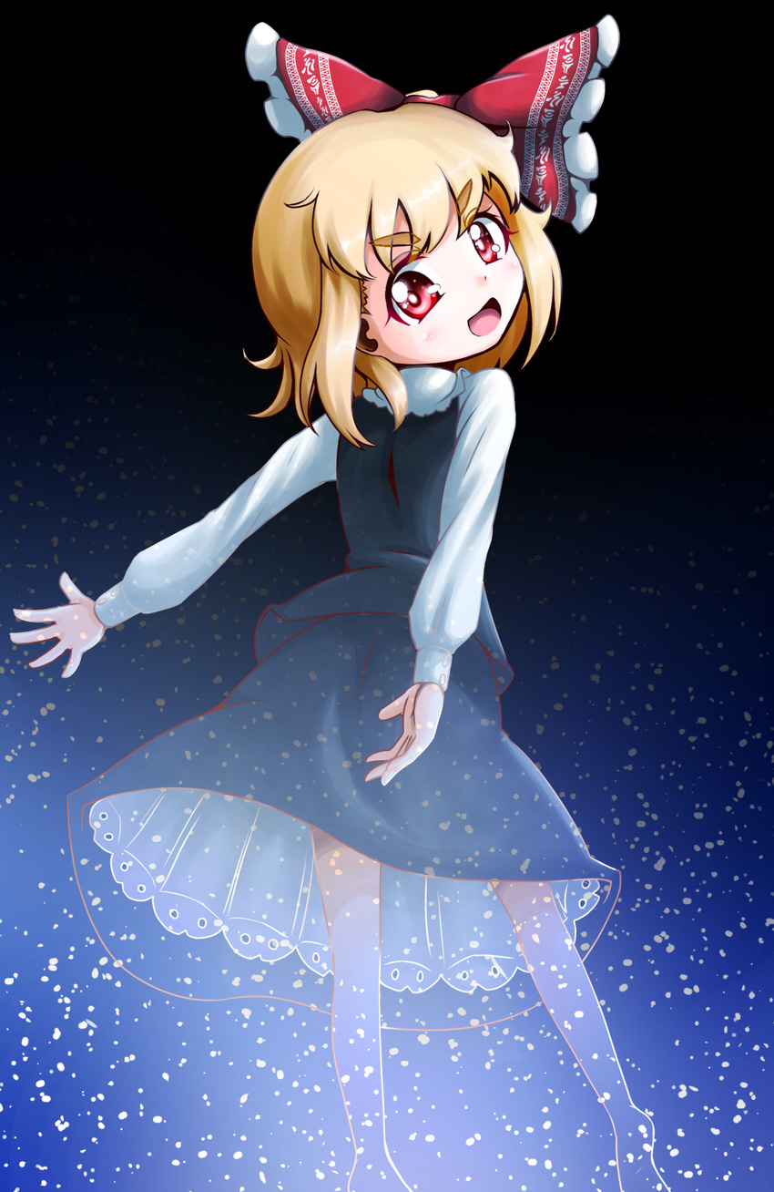 blonde_hair bow darkness hair_bow highres light_particles long_sleeves looking_at_viewer looking_back open_mouth red_eyes ribbon roco_(katsuya1011) rumia shirt skirt skirt_set smile solo touhou vest