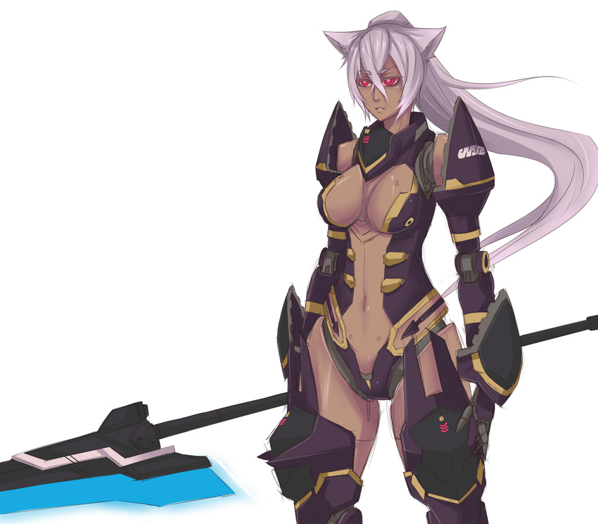 android animal_ears breasts cat_ears dark_skin energy_weapon exaxuxer highres long_hair medium_breasts navel phantasy_star phantasy_star_online_2 polearm ponytail red_eyes revealing_clothes robot_joints rose_series silver_hair sketch solo weapon