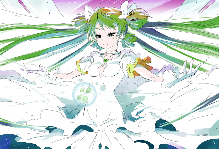 4chan choker cleavage_cutout clover cosplay dan_kim dress four-leaf_clover gloves green_eyes green_hair hair_ribbon highres koiwai_yotsuba long_hair mahou_shoujo_madoka_magica older quad_tails ribbon smile solo two_side_up ultimate_madoka ultimate_madoka_(cosplay) very_long_hair white_gloves yotsubato!