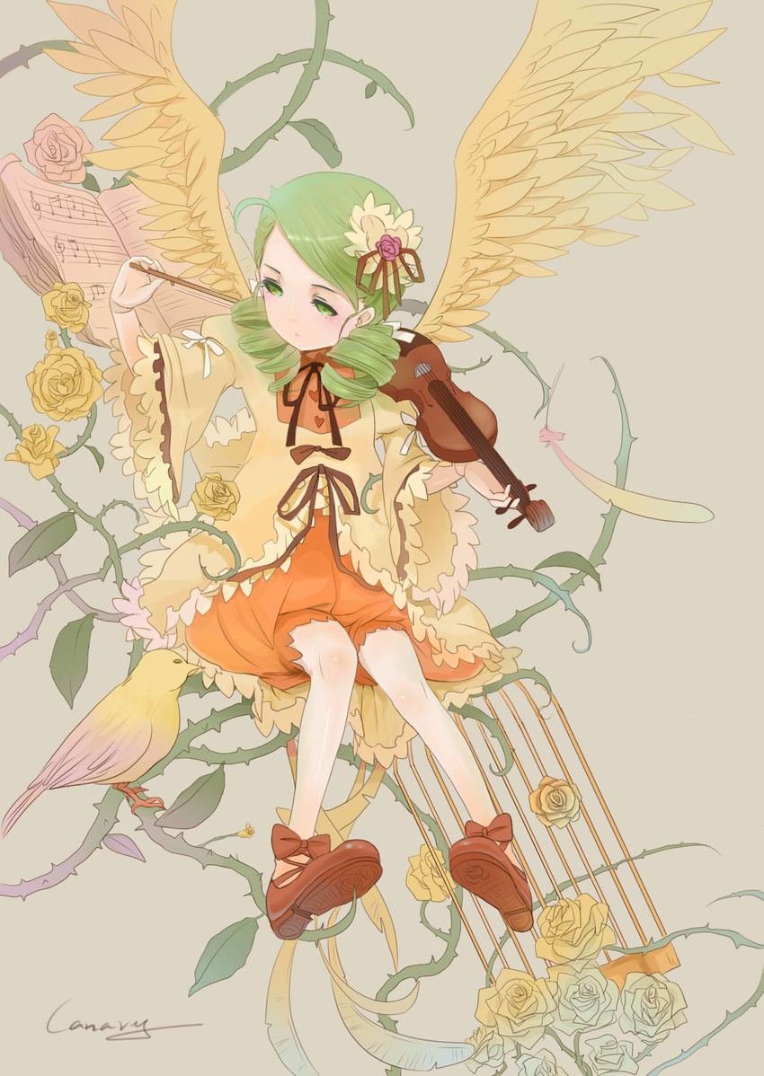 bad_id bad_pixiv_id beamed_eighth_notes beamed_sixteenth_notes bird bow_(instrument) bubble_skirt doll dress drill_hair flower green_eyes green_hair hair_ornament half_note highres instrument kanaria long_sleeves musical_note no_legwear quarter_note rose rozen_maiden sadsan sheet_music sitting skirt solo violin wings yellow_flower yellow_rose