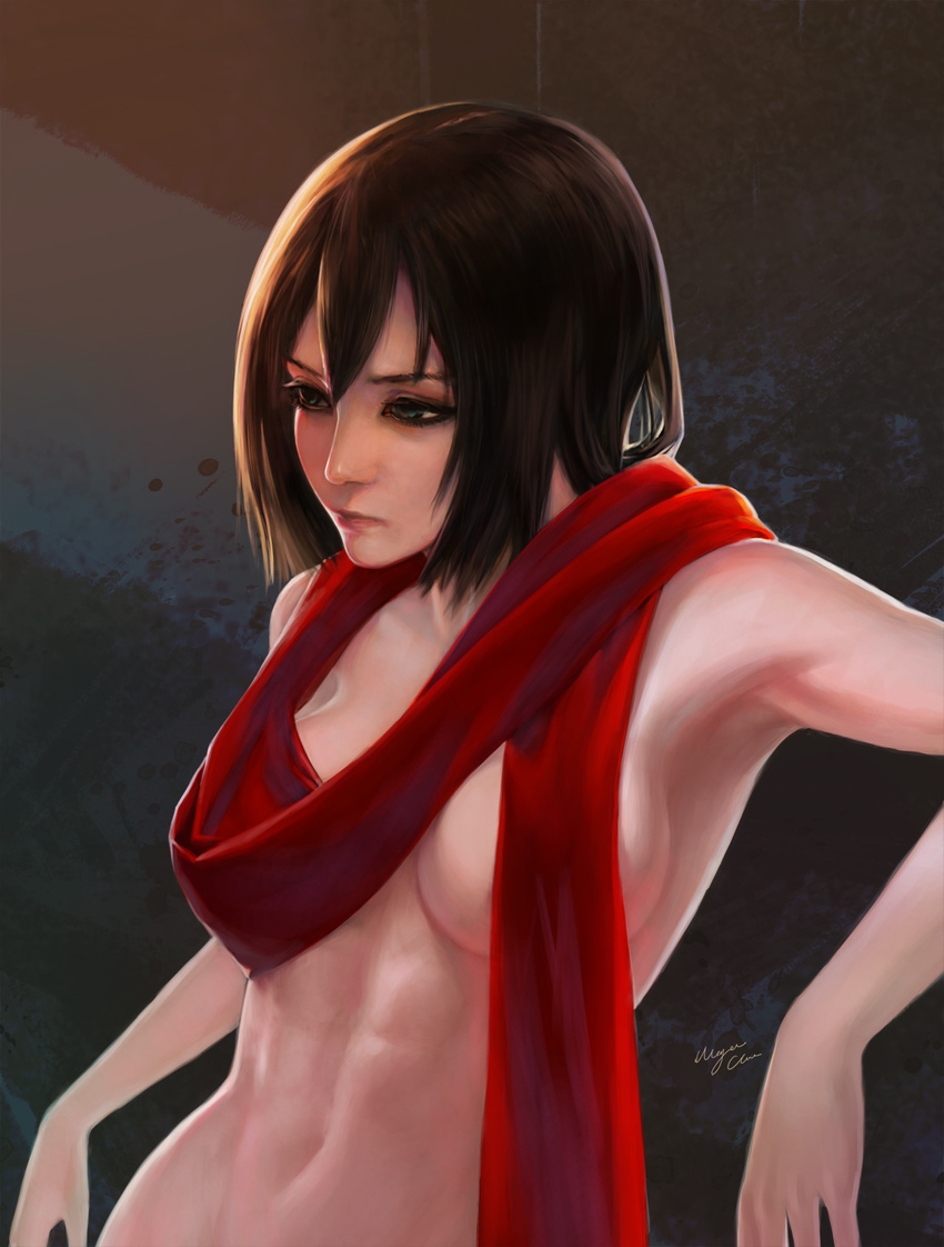 abs brown_hair censored convenient_censoring highres looking_away mikasa_ackerman naked_scarf nude out-of-frame_censoring scarf shingeki_no_kyojin short_hair signature solo wayne_chan