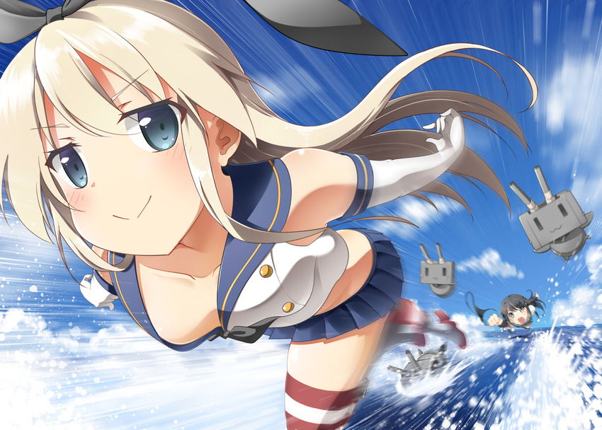 :&gt; :d asashio_(kantai_collection) bell_(oppore_coppore) black_hair black_panties blonde_hair blue_eyes blush elbow_gloves gloves hairband holding holding_panties kantai_collection long_hair looking_at_viewer md5_mismatch motion_blur multiple_girls open_mouth panties panties_removed rensouhou-chan shimakaze_(kantai_collection) skirt smile striped striped_legwear thighhighs underwear walking walking_on_liquid white_gloves