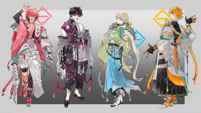 4boys :d absurdres ahoge akagi_wen anklet aqua_ribbon aqua_scarf arm_cutout arm_up asymmetrical_legwear asymmetrical_pants asymmetrical_sleeves bell belt belt_buckle belt_charm black_belt black_gloves black_hair black_hakama black_kimono black_leggings black_pants black_shirt black_shoes black_streaks blonde_hair blue_eyes blue_hakama blue_streaks border bottle bracelet bridal_legwear buckle cape charm_(object) closed_mouth clothing_cutout collarbone colored_tips commentary_request compression_shirt creature creature_on_shoulder crossed_bangs diamond_cutout dress_shoes earrings elbow_gloves fang fingerless_gloves flats flower_knot full_body fur-trimmed_kimono fur_trim glove_cutout gloves gradient_background gradient_hair green_hair grey_background grey_border grey_haori grey_shoes grey_socks hair_between_eyes hair_ornament hakama hakama_shorts hand_in_pocket hand_on_own_hip haori hibachi_mana high_heels highres honeycomb_(pattern) japanese_clothes jewelry jingle_bell kataginu kimono kirin-chan_(usami_rito) layered_sleeves leggings lightning_bolt_hair_ornament lightning_bolt_symbol lineup long_sleeves looking_at_viewer looking_back male_focus multicolored_eyes multicolored_gloves multicolored_hair multicolored_shoes multiple_belts multiple_boys multiple_bracelets nijisanji o-ring off_shoulder okobo on_shoulder open_clothes open_kimono orange_eyes orange_hair orange_scarf orange_shoes oriens_(nijisanji) outside_border pants patterned_clothing perfume_bottle pink_hair pink_kimono pink_ribbon platform_sandals pom_pom_(clothes) profile purple_eyes purple_kimono red_socks ribbed_socks ribbon safety_pin saiki_ittetsu sandals scarf shirt shirt_under_kimono shoes short_hair short_kimono short_over_long_sleeves short_sleeves shorts sideways_glance simple_background single_glove skeletal_tail sleeveless sleeveless_kimono smile socks split-color_clothes standing streaked_hair striped_hakama sweater_guard tabi tail tassel teeth toeless_legwear turtleneck turtleneck_shirt two-tone_eyes two-tone_gloves two-tone_kimono two-tone_scarf two-tone_shoes unagipai uneven_legwear upper_teeth_only uroko_(pattern) usami_rito virtual_youtuber w waving white_belt white_cape white_gloves white_hakama white_kimono white_sandals white_shoes white_sleeves wide_sleeves yellow_eyes yellow_kimono