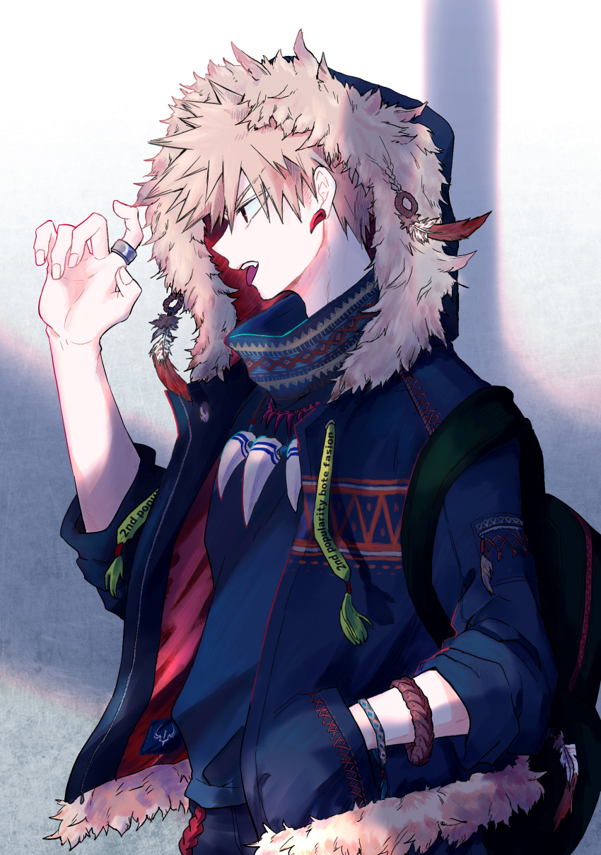 1boy absurdres adam's_apple adapted_costume alternate_costume arm_up bag bakugou_katsuki black_bag blonde_hair blue_jacket blue_shirt boku_no_hero_academia boku_no_hero_academia_2nd_popularity_poll bracelet check_clothing clothes_writing clothing_request collared_shirt colored_lineart commentary_request dotted_line drawstring earrings english_text eyes_visible_through_hair facial_hair fang fashion feathers from_side fur-trimmed_hood fur-trimmed_jacket fur_trim grey_background hand_in_pocket high_collar highres hood hood_up jacket jewelry male_focus multiple_necklaces nao_(n_sai_ao) necklace open_clothes open_jacket open_mouth partial_commentary pattern_request pocket print_jacket profile red_eyes red_jacket revision ring shirt short_hair sideburns_stubble sidelighting sleeves_rolled_up solo spiked_hair stubble teeth three-quarter_sleeves tongue tongue_out tooth_earrings tooth_necklace triangle_print two-sided_fabric two-sided_jacket unzipped upper_body upper_teeth_only zipper zipper_pull_tab