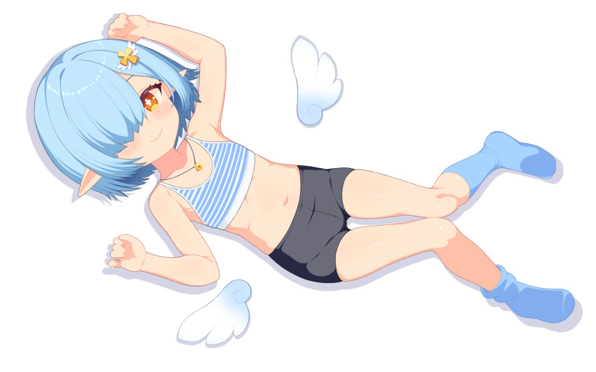 1boy arm_up bare_arms bare_shoulders bike_shorts bilingual_commentary blue_hair blue_shoes blue_socks blush closed_mouth commentary commission english_commentary full_body hair_over_one_eye hand_up hat highres indie_virtual_youtuber long_sleeves looking_at_viewer lying male_focus mixed-language_commentary navel noa_noelle on_back saga_inu shoes short_hair sidelocks simple_background skeb_commission smile socks solo trap virtual_youtuber white_background white_hat yellow_eyes