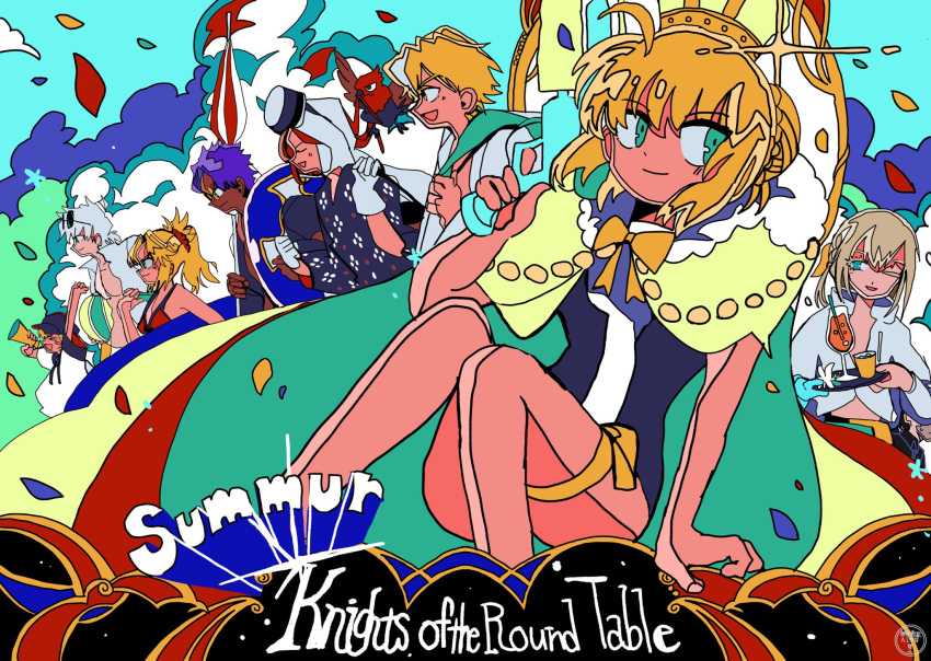 arched_crown artoria_pendragon_(fate) ball baseball_cap beachball bedivere_(fate) bedivere_(silver_knight_of_summer)_(fate) bikini bird black_hat blonde_hair braid braided_base bun_with_braided_base cape casual_one-piece_swimsuit chicken closed_eyes closed_umbrella commentary crown dark-skinned_male dark_skin english_text engrish_text eyewear_on_head fate/grand_order fate_(series) fur-trimmed_cape fur_trim gareth_(fate) gareth_(swimsuit_saber)_(first_ascension)_(fate) gawain_(fate) gloves goggles goggles_on_head green_cape hair_bun hair_ornament hair_scrunchie hat highres holding holding_surfboard holding_tray holding_umbrella holding_water_gun hood hoodie ima_mo_nao_kangaechuu jacket japanese_clothes kimono lancelot_(fate/grand_order) lancelot_(strongest_knight_of_summer)_(fate) leg_ribbon mordred_(fate) mordred_(swimsuit_rider)_(fate) mordred_(swimsuit_rider)_(first_ascension)_(fate) one-piece_swimsuit open_clothes open_jacket open_shirt percival_(fate) percival_(summer_knight_outfit)_(fate) purple_hair ranguage red_bikini red_hair red_scrunchie ribbon saber_(fate) saber_(swimsuit_archer)_(third_ascension)_(fate) scrunchie sidelocks summer sunglasses surfboard swimsuit thigh_ribbon tray tristan_(fate) umbrella water_gun white_gloves white_hair white_hoodie