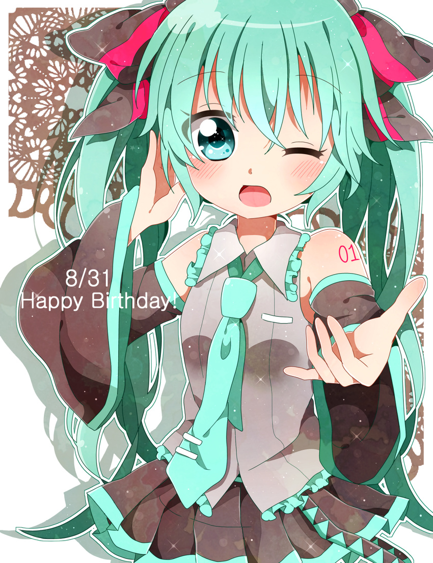blush dated detached_sleeves green_eyes green_hair hair_ribbon happy_birthday hatsune_miku highres kyapinetzu long_hair necktie one_eye_closed open_mouth ribbon skirt solo twintails vocaloid