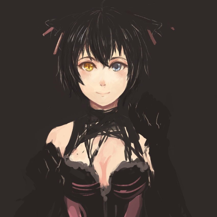 animal_ears anonymous_drawfag ati_(sekien_no_inganock) bare_shoulders blue_eyes breasts cat_ears cleavage heterochromia medium_breasts sekien_no_inganock short_hair slit_pupils smile solo steampunk_(liarsoft) upper_body yellow_eyes