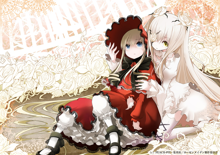 blonde_hair bloomers blue_eyes bow capelet dress eyepatch flower hair_flower hair_ornament hat highres juliet_sleeves kirakishou kneeling long_hair long_sleeves multiple_girls puffy_sleeves red_dress rose rozen_maiden shinku silver_hair sitting tansuke thighhighs underwear very_long_hair white_dress white_flower white_legwear white_rose yellow_eyes zettai_ryouiki