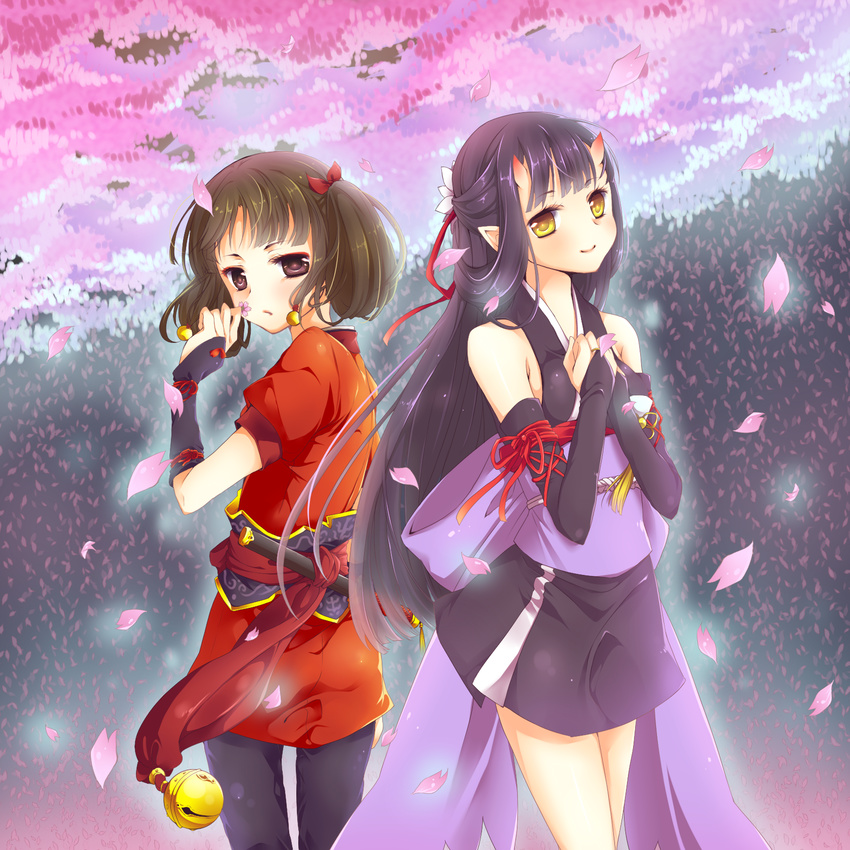 black_hair bridal_gauntlets brown_eyes brown_hair cherry_blossoms chitose_charma half_updo hands_clasped highres horns japanese_clothes long_hair meru0810 multiple_girls obi own_hands_together sakaya_(tales_of_innocence) sash short_hair short_twintails skirt smile tales_of_(series) tales_of_innocence twintails yellow_eyes