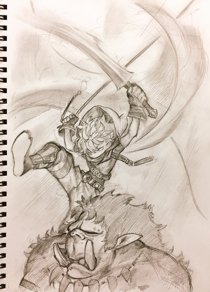 1boy belt boots cloak closed_eyes commentary_request fantasy fingerless_gloves foot_out_of_frame gloves graphite_(medium) highres holding holding_rope holding_sword holding_weapon hood hooded_cloak jewelry jun_(navigavi) leg_armor looking_at_another looking_down male_focus monochrome monster motion_lines necklace nose original pants paper_background photo_(medium) pointy_ears rope shirt short_hair sketch sleeveless sleeveless_shirt sword tooth_necklace traditional_media tusks upper_body weapon