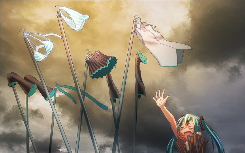 1girl boots bra bra_removed bullying closed_eyes clothes commentary detached_sleeves eyes_closed green_hair hatsune_miku hiding long_hair necktie nude open_mouth outstretched_arm panties panties_removed reaching skirt solo striped striped_bra striped_panties tears thigh_boots thighhighs twintails underwear vocaloid wokada