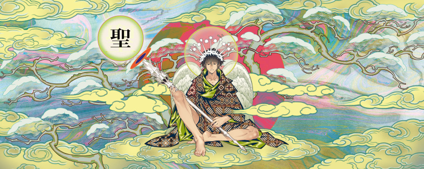 1boy barefoot black_hair brown_kimono cloud commentary_request full_body hair_between_eyes highres holding holding_staff honya_lala japanese_clothes kimono knee_up long_sleeves male_focus original parted_lips short_hair sitting solo staff wide_sleeves