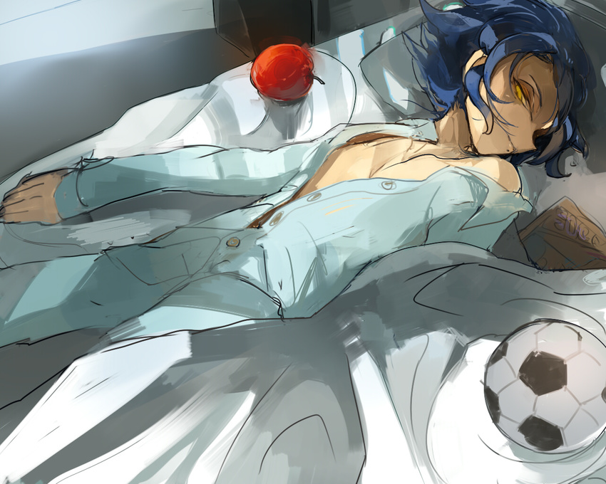 ball blue_hair inazuma_eleven_(series) inazuma_eleven_go lying male_focus on_back open_clothes sketch soccer_ball solo telstar tsurugi_yuuichi yellow_eyes yuu_(pixiv769259)