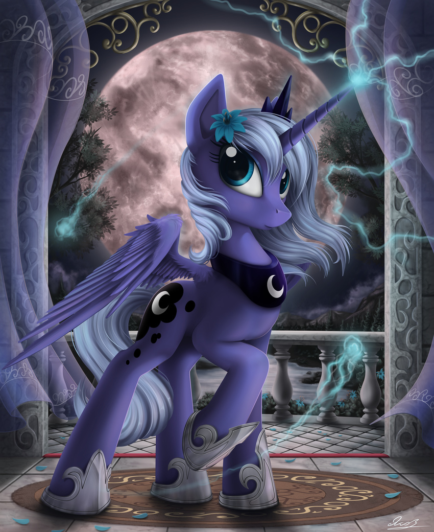 all_fours balcony blue_eyes blue_fur blue_hair crown cutie_mark equine female feral flower friendship_is_magic fur hair hi_res horn horse long_hair looking_at_viewer looking_back looking_up magic mammal moon my_little_pony night petals pony princess princess_luna_(mlp) royalty solo standing tree winged_unicorn wings yakovlev-vad