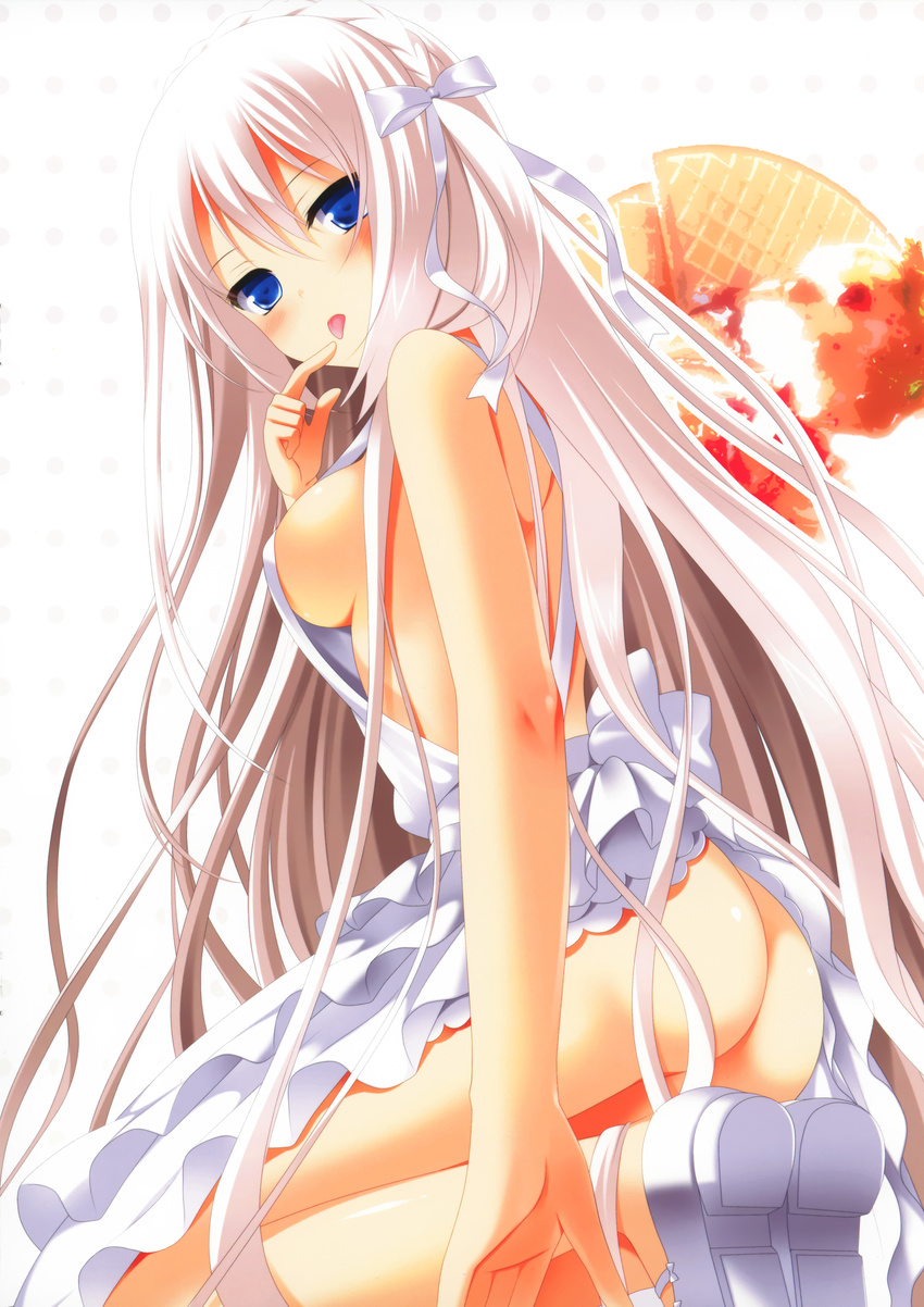 1girl absurdres absurdresass apron ass back blue_eyes blush blushbreasts braid breasts feet finger_to_mouth hair_ornament highres kneeling legs long_hair looking_at_viewer makita_maki medium_breasts naked_apron naughty_face nude shoes sideboob simple_background solo thighs tongue tongue_out white_hair