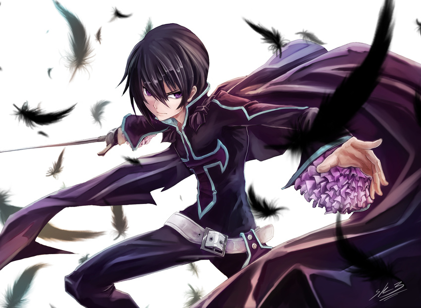 belt black_hair cape feathers judas_(tales) male_focus pants purple_eyes serious solo sowel_(sk3) sword tales_of_(series) tales_of_destiny_2 weapon white_background