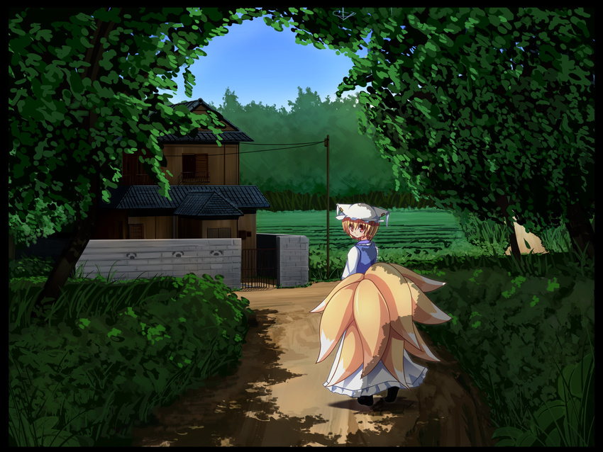 architecture blonde_hair blue_sky bush day dress east_asian_architecture field forest fox_tail gate grass hat highres liya looking_at_viewer looking_back multiple_tails nature path pillow_hat power_lines red_eyes road shadow short_hair sky smile solo stone_wall tabard tail touhou tree walking_away wall yakumo_ran