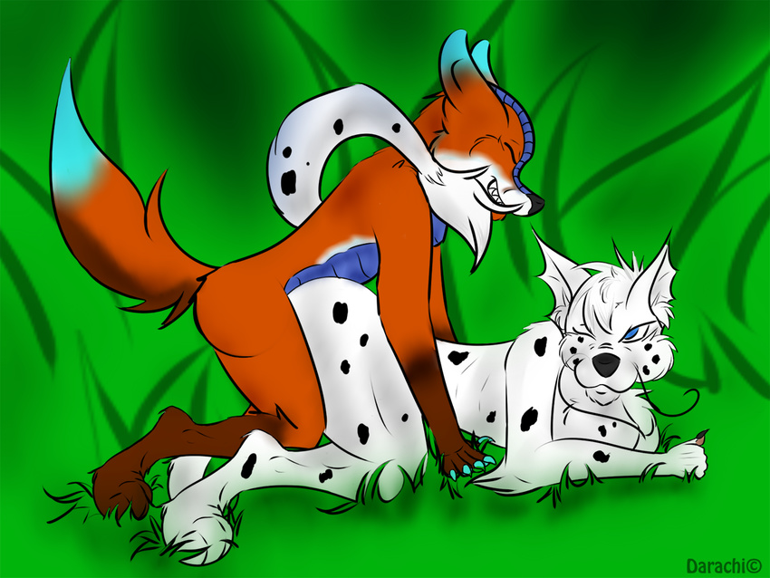ambiguous_gender anthro canine cute dalmatian darachi deep_penetration dog doggystyle dragon duo eyes_closed female flirty fox from_behind grass male mammal nickle nude one_eye_closed paws penetration ryxie sex spots