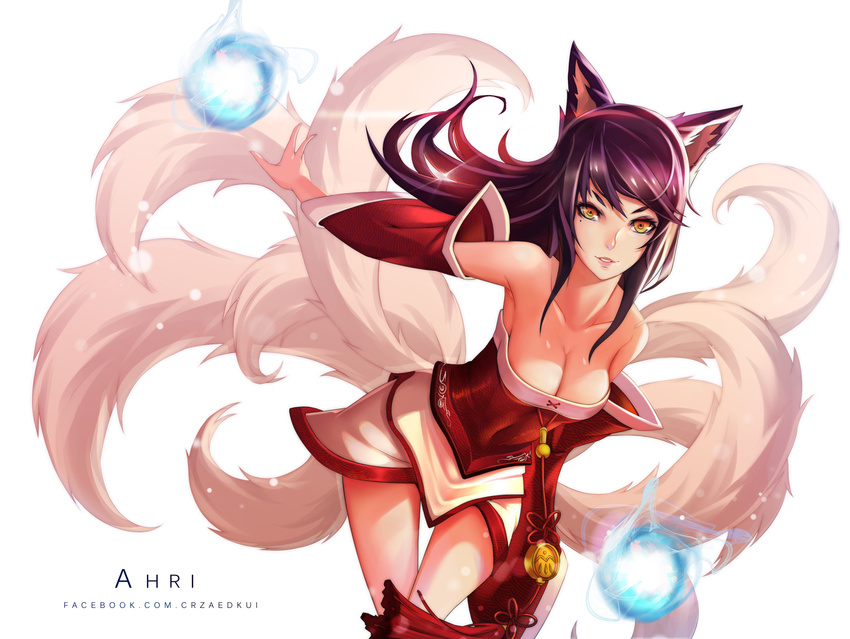 ahri animal_ears breasts character_name cleavage fire fox_ears fox_tail highres league_of_legends long_hair looking_at_viewer medium_breasts ross6410 simple_background smile solo tail watermark web_address white_background yellow_eyes