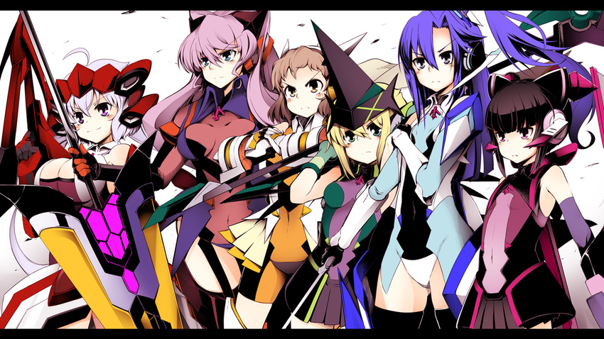 akatsuki_kirika black_legwear blue_eyes blue_hair bodysuit boots brown_hair bust_chart cowboy_shot green_eyes kazanari_tsubasa leotard long_hair looking_at_viewer machinery maria_cadenzavna_eve momo_(higanbana_and_girl) multiple_girls purple_eyes senki_zesshou_symphogear short_hair simple_background standing sword tachibana_hibiki_(symphogear) thigh_boots thighhighs thighs tsukuyomi_shirabe weapon white_background yukine_chris