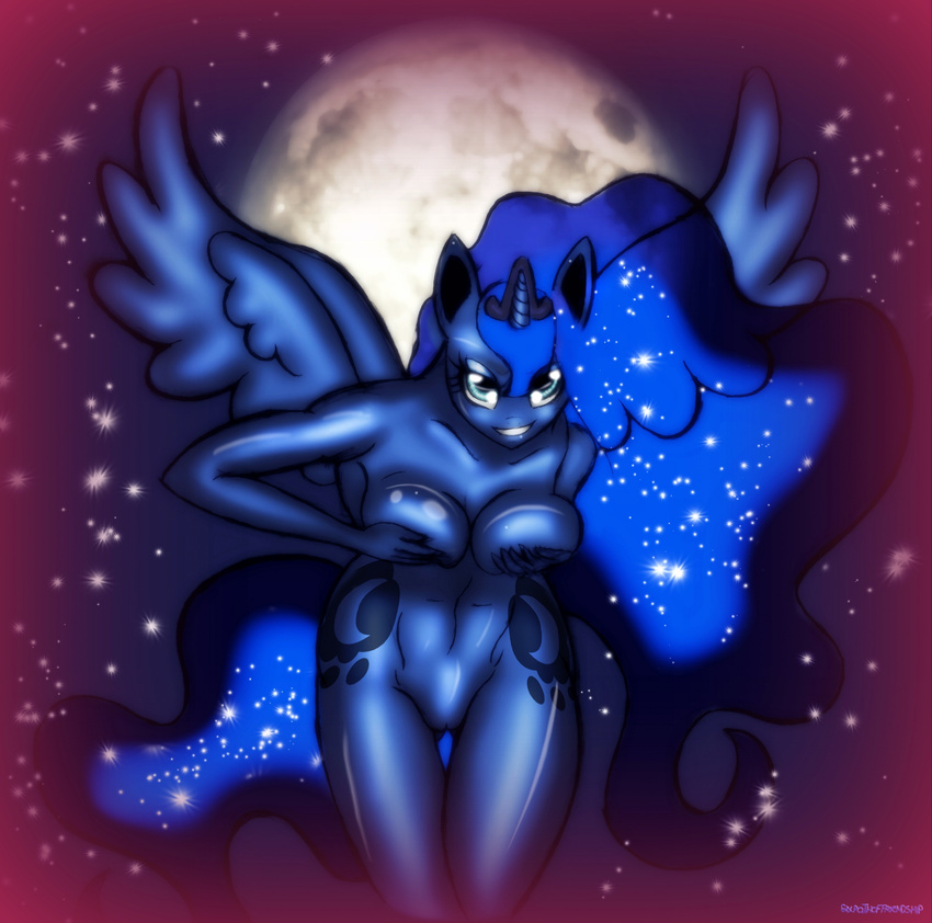 anthrofied breast_squish breasts covering covering_self equine female friendship_is_magic horn looking_at_viewer mammal moon my_little_pony navel night nude princess princess_luna_(mlp) pussy royalty sixpathoffriendship smile solo stars teeth tiara translucent winged_unicorn wings