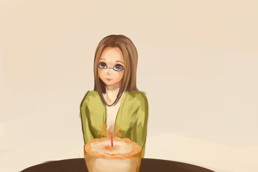 anonymous_drawfag birthday_cake blowing brown_eyes brown_hair cake candle cardigan food fushimi_chihiro glasses highres long_hair persona persona_3 simple_background solo