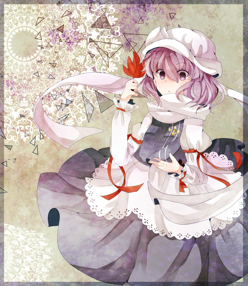 applemerry63 dress hat highres leaf letty_whiterock purple_eyes purple_hair ribbon scarf solo touhou triangle white_scarf