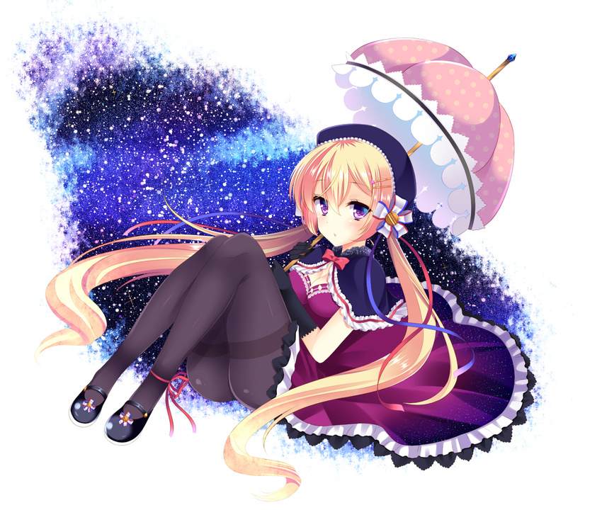 agekichi_(heart_shape) bad_id bad_pixiv_id black_gloves black_legwear blonde_hair blush breasts cleavage dress gloves hair_ornament hairclip large_breasts long_hair looking_at_viewer mary_janes night original pantyhose purple_eyes shoes sky solo star_(sky) starry_sky thighband_pantyhose twintails umbrella