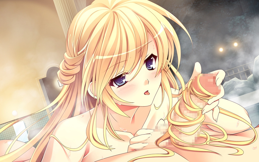 1girl amelia_rose_brettingham ankoromochi blonde_hair blue_eyes blush caressing_testicles censored game_cg long_hair nude penis shitsuji_ga_aruji_wo_erabu_toki testicles