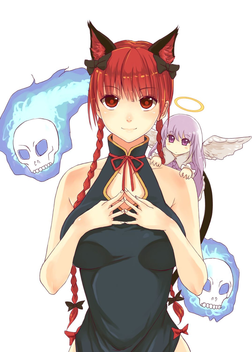 animal_ears bad_id bad_pixiv_id bare_shoulders braid breasts cat_ears china_dress chinese_clothes dress extra_ears hair_ribbon halo highres kaenbyou_rin large_breasts long_hair multiple_girls red_eyes red_hair ribbon smile taut_clothes touhou twin_braids twintails white_background x&amp;x&amp;x zombie_fairy