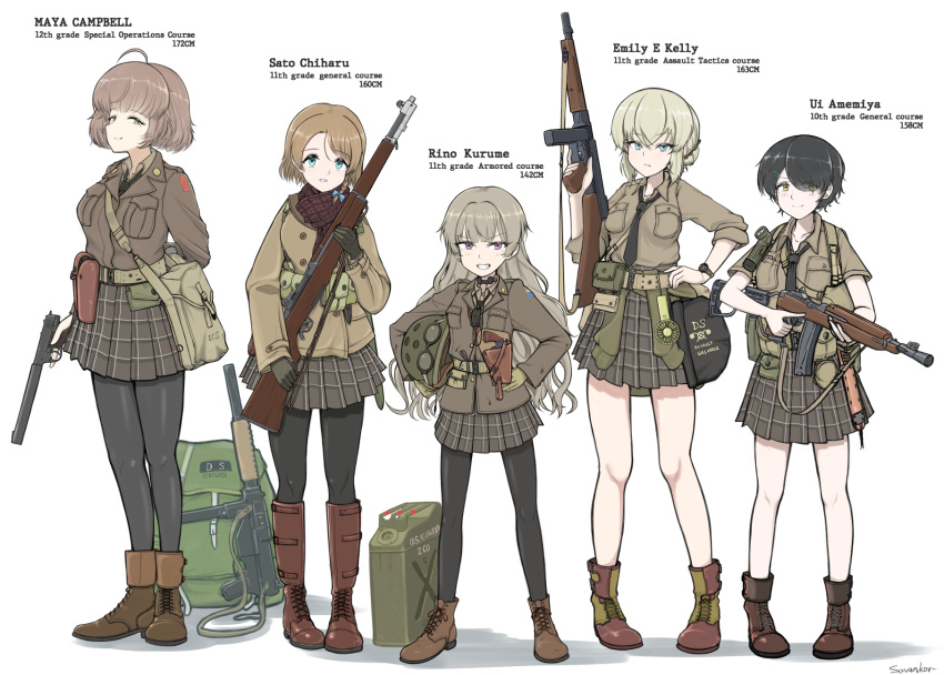 5girls ahoge ammunition_pouch artist_name blonde_hair blue_eyes boots commentary_request gun gun_sling hair_over_one_eye handgun high_standard_hdm highres holding holding_gun holding_weapon holster jacket jerry_can long_hair long_sleeves looking_at_viewer m1_carbine m1_garand m3_submachine_gun military military_uniform multiple_girls original pantyhose pleated_skirt pouch revolver rifle savankov shirt short_hair skirt smith_&amp;_wesson_m1917 submachine_gun suppressor thompson_submachine_gun weapon white_background winter_clothes