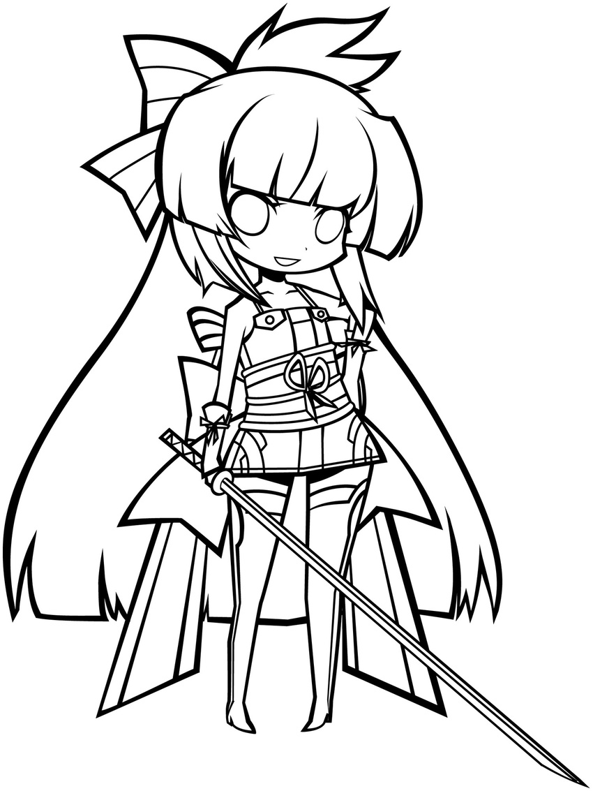 bad_id bad_pixiv_id chibi greyscale highres lineart long_hair looking_at_viewer monochrome smile solo sword syno very_long_hair weapon