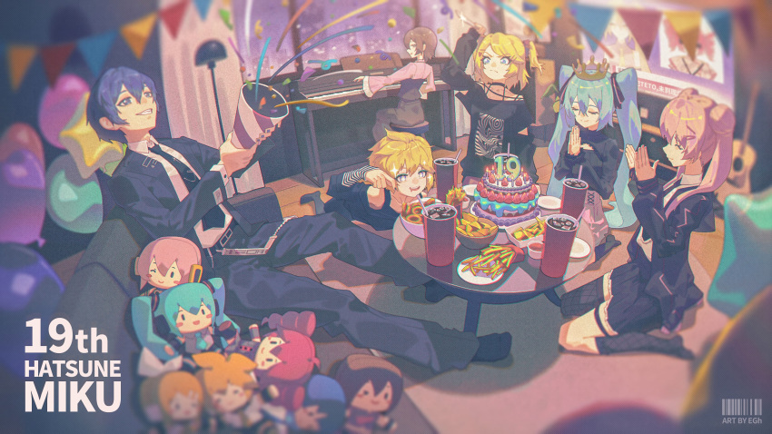 2boys 4girls absurdres akita_neru alternate_costume alternate_hairstyle anniversary aqua_hair argyle_clothes argyle_socks argyle_thighhighs artist_name asymmetrical_legwear balloon barcode belt birthday birthday_cake black_choker black_jacket black_necktie black_shirt black_skirt black_socks blonde_hair blue_eyes blue_hair blue_suit blurry blurry_foreground bowl brown_hair cake candle casual character_doll character_name chips_(food) choker cleavage_cutout closed_eyes clothing_cutout collared_shirt confetti couch crown cup depth_of_field doll double-parted_bangs double_bun drink drinking_straw egh_(ssquan) food french_fries gold_crown green_eyes guitar hair_between_eyes hair_bun hair_ribbon hatsune_miku heart_balloon highres holding holding_knife holding_party_popper imminent_stabbing instrument jacket kagamine_rin kaito_(vocaloid) kasane_teto kasane_teto_(sv) kasane_teto_(utau) knife long_sleeves megurine_luka meiko_(vocaloid) multiple_boys multiple_girls necktie number_candle off-shoulder_shirt off_shoulder on_couch on_floor onion_rings palms_together parted_bangs party party_popper pennant piano pink_hair pink_shirt pink_skirt plate playing_instrument playing_piano poster_(object) praying print_shirt ribbon shirt sitting skirt sleeve_vent smile socks soda sparkle star_balloon streamers string_of_flags suit suit_jacket suit_pants synthesizer_v table twintails uneven_legwear utau vocaloid wariza watermark white_shirt window