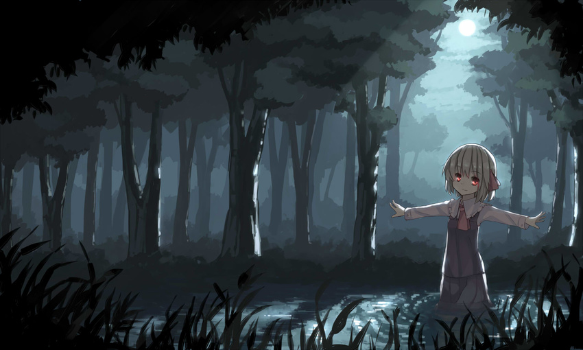 forest highres nature night outstretched_arms rumia sh_(562835932) solo spread_arms touhou wading water