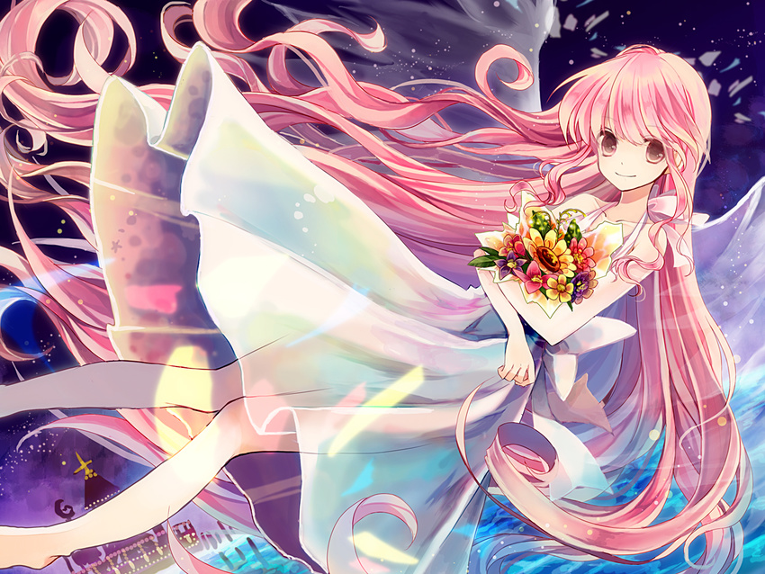 bad_id bad_pixiv_id barefoot bouquet dress flower long_hair night original pink_hair revision sky smile solo sunflower t_miyanagi very_long_hair water wings