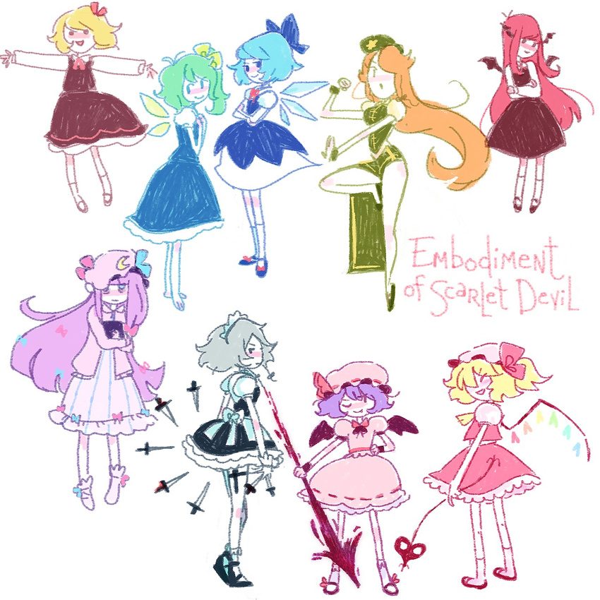 apron ascot barefoot bat_wings beret between_fingers blonde_hair blue_eyes blue_hair blush bobby_socks book bow braid cardigan cirno crescent dagger daiyousei demon_girl dress dress_shirt fang flandre_scarlet frills gloves green_eyes green_hair hair_bow hair_ribbon hands hat head_wings highres holding holding_book holster hong_meiling izayoi_sakuya jumper kaymurph koakuma laevatein long_hair maid maid_apron maid_headdress mary_janes multiple_girls one_eye_closed open_mouth orange_hair outstretched_arms patchouli_knowledge puffy_short_sleeves puffy_sleeves purple_hair red_eyes red_hair remilia_scarlet ribbon rumia shirt shoes short_hair short_sleeves side_braid side_ponytail silver_hair skirt skirt_set smile socks spear_the_gungnir standing standing_on_one_leg the_embodiment_of_scarlet_devil thigh_holster tiptoes touhou twin_braids weapon white_background white_legwear wings wink wrist_cuffs