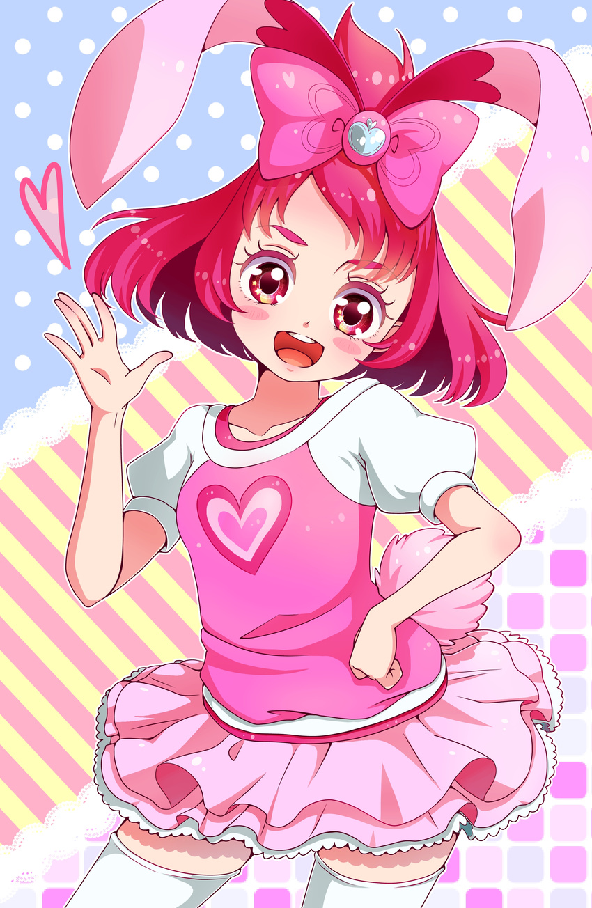:d absurdres animal_ears blush bow bunny_ears bunny_tail dokidoki!_precure hair_bow half_updo heart highres open_mouth personification pink_bow pink_eyes pink_hair precure puffy_sleeves sharuru_(dokidoki!_precure) sharuru_(dokidoki!_precure)_(human) shirt short_hair skirt smile solo tail thighhighs white_legwear yupiteru zettai_ryouiki