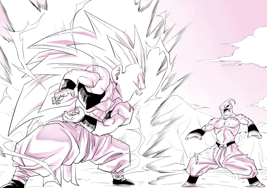 2boys abs amayuki318 antennae aura baggy_pants belt black_belt black_nails black_sclera black_vest bruise bruise_on_face bruised_eye cloud cloudy_sky colored_sclera colored_skin commentary_request dragon_ball dragon_ball_z duel electricity fighting_stance gotenks gradient_background head_tail highres hole_on_body injury kamehameha_(dragon_ball) long_hair looking_at_another majin_buu majin_symbol male_focus martial_arts_belt metamoran_vest multiple_boys muscular muscular_male no_eyebrows open_clothes open_mouth open_vest outdoors pants partially_colored pectorals pink_background pink_skin powering_up sky smile spiked_hair super_buu super_saiyan super_saiyan_3 thick_eyebrows torn_clothes torn_pants very_long_hair vest white_pants wristband