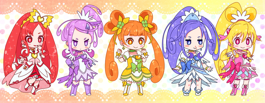 absurdres aida_mana bad_id bad_pixiv_id blonde_hair blood blue_bow blue_hair blush_stickers boots bow chibi choker clenched_hands cure_ace cure_diamond cure_heart cure_rosetta cure_sword dokidoki!_precure green_choker highres hishikawa_rikka kenzaki_makoto madoka_aguri multiple_girls nosebleed orange_eyes orange_hair pink_bow pink_eyes pink_footwear pink_sleeves precure purple_choker purple_eyes purple_footwear purple_hair purple_skirt red_eyes red_hair red_skirt skirt smile standing yotsuba_alice yupiteru