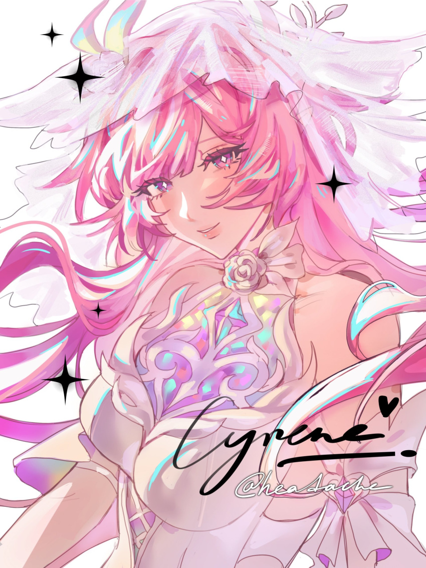 1girl absurdres bare_shoulders breasts character_name commentary cyrene_(demiurge)_(honkai:_star_rail) cyrene_(honkai:_star_rail) diamond-shaped_pupils diamond_(shape) dress headache1402 highres honkai:_star_rail honkai_(series) large_breasts long_hair looking_at_viewer pink_hair purple_eyes simple_background smile solo symbol-shaped_pupils twitter_username veil very_long_hair white_background white_dress white_veil