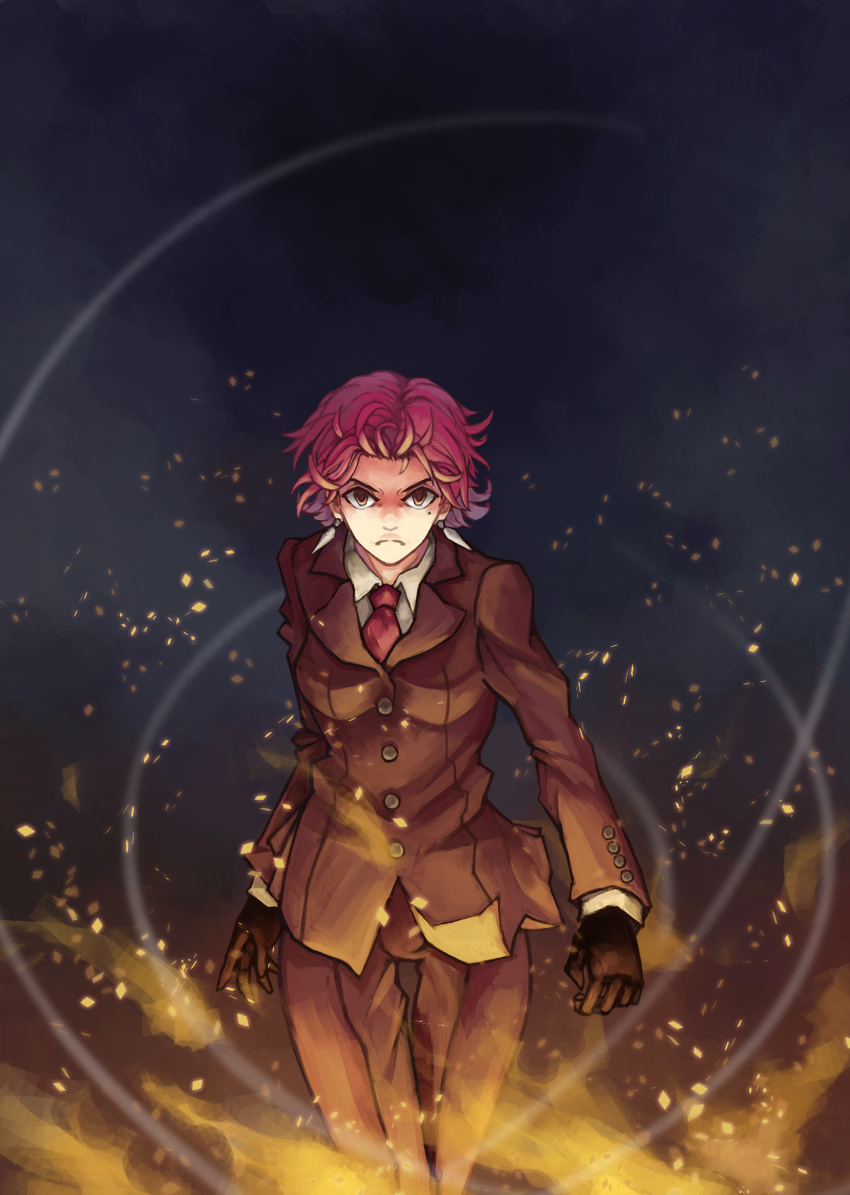 bazett_fraga_mcremitz earrings fanhoax fate/hollow_ataraxia fate_(series) fire formal gloves highres jewelry mole mole_under_eye necktie pant_suit purple_hair red_eyes short_hair solo suit