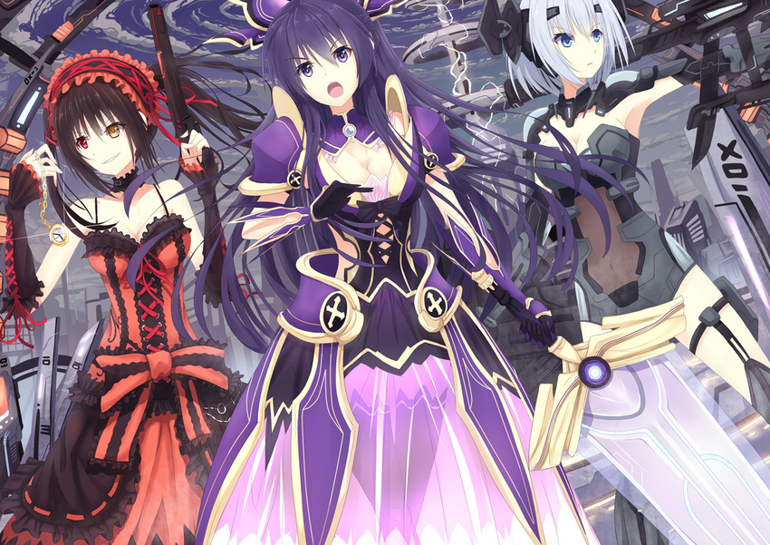 armor armored_dress bare_shoulders black_hair blue_eyes bodysuit breasts cleavage clock_eyes date_a_live dress gun hair_ornament hairband heterochromia lolita_fashion lolita_hairband long_hair medium_breasts multiple_girls open_mouth pocket_watch purple_eyes purple_hair red_eyes rifle rizky_(strated) short_hair silver_hair smile symbol-shaped_pupils thigh_strap tobiichi_origami tokisaki_kurumi twintails very_long_hair watch weapon yatogami_tooka yellow_eyes