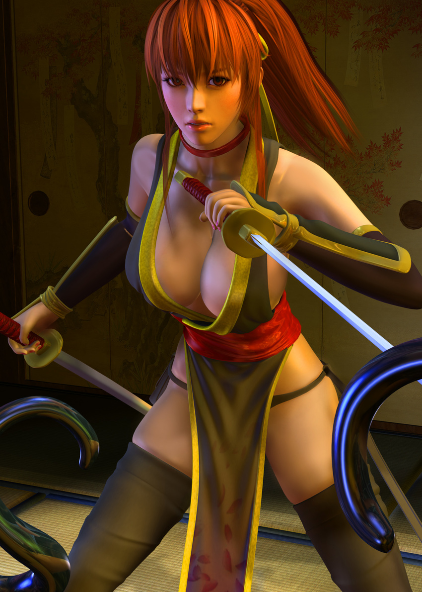 1girl 3d breasts dead_or_alive highres kasumi kasumi_(doa) large_breasts ponytail rgbabes tecmo tentacle