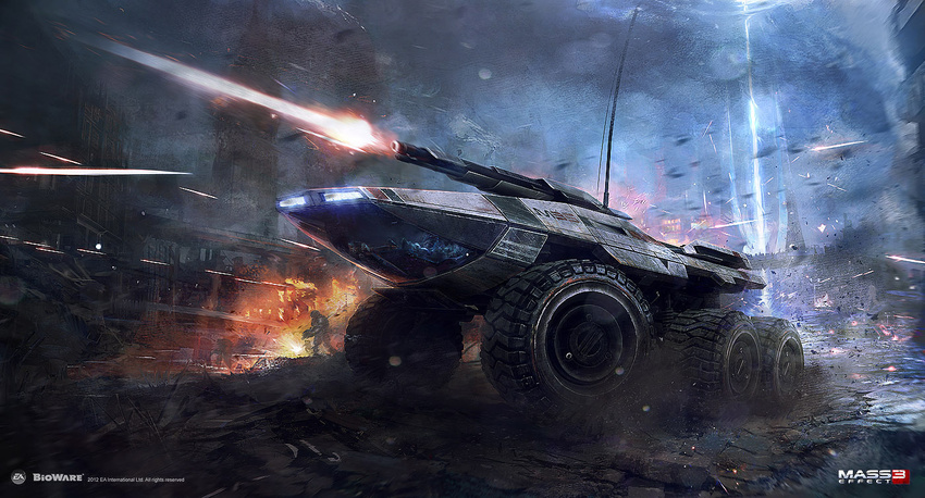 battle cannon city elizabeth_tower energy_gun epic firing london m35_mako mass_effect mass_effect_3 military military_vehicle muzzle_flash night realistic ruins science_fiction soldier tracer_fire vehicle war weapon